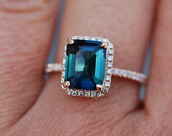 Green sapphire engagement ring. Peacock green sapphire 3.75ct cushion halo diamond ring 14k Rose gold. Engagenet rings by Eidelprecious.