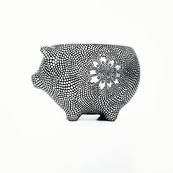 Painted Piggy Planter: Hand Painted dots silver dots on black Vintage style Pig Planter dot Painting