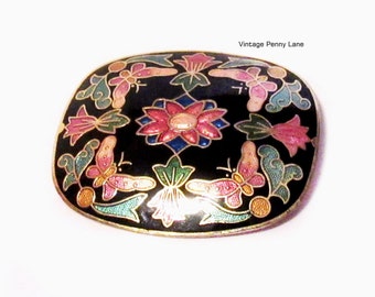 Cloisonne Enamel Pin, Vintage Flower / Butterfly Brooch