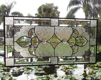 Traditional Stained Glass Window Panel w/ Beveled Stained Glass, Suncatcher Valance, Unique Handmade Stained Glass Transom Window Treatment
