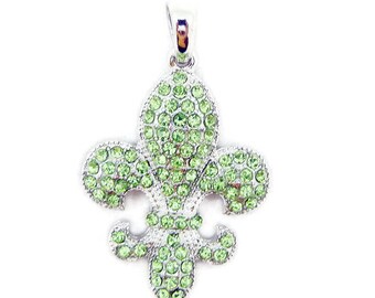 Silver-tone Green Peridot Rhinestone Fleur de Lis Pendant