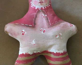 Stuffed doll handmade primitive child painted stuffed dolls pink star baby ONE DOLL girl child art