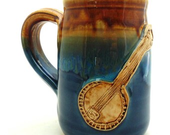 Handmade Pottery Mug ceramics and pottery Banjo Mug blue and brown Jewel Pottery