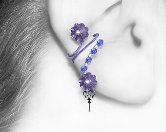 Purple Swarovski Crystal Steampunk ear cuff, Blue Crystal, No PIercing Needed, Watch Parts, Cartilage Earring, Amphitrite III v14