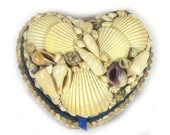 Vintage Shell Encrusted Heart Shaped Trinket Box - Blue Felt Lining