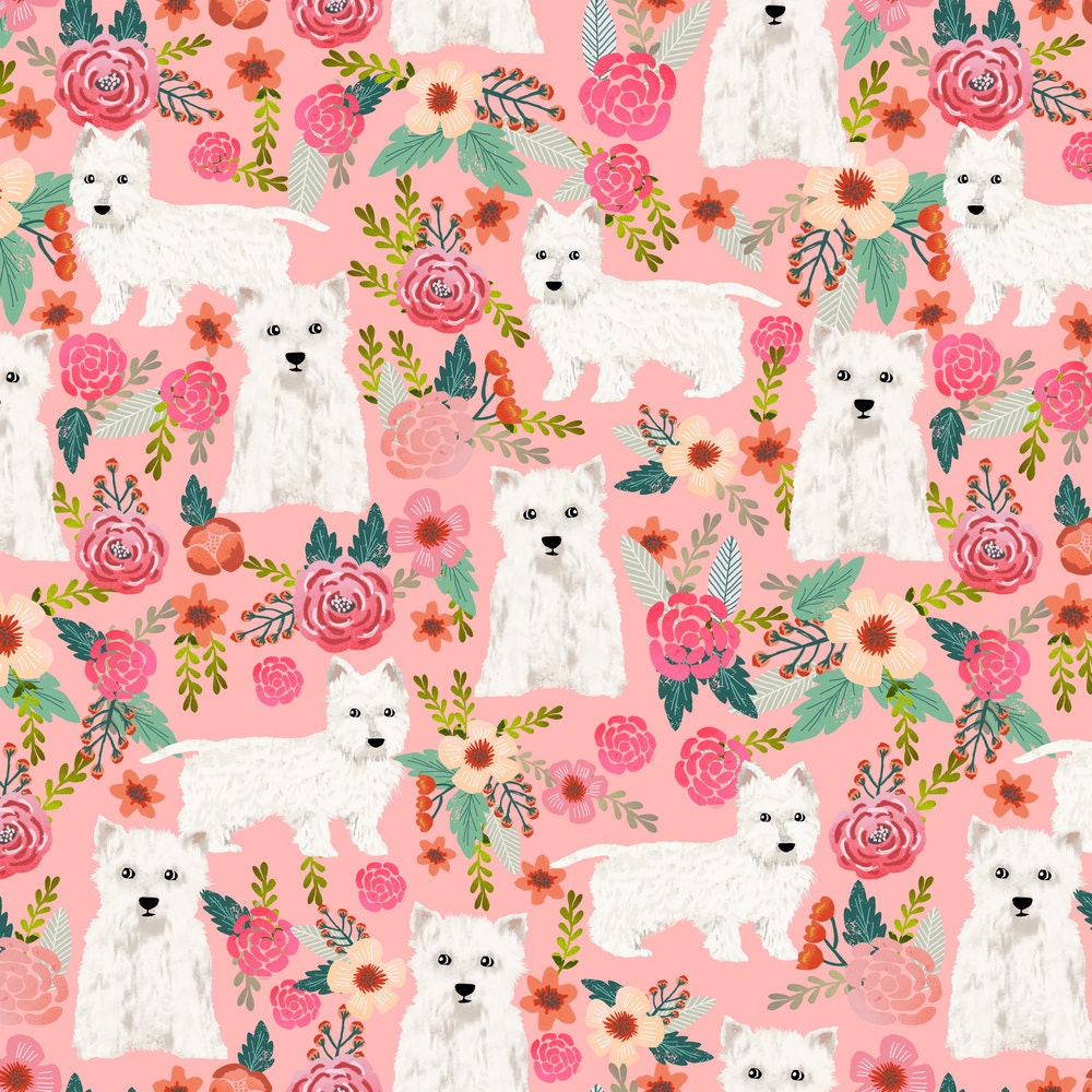 Westie Floral Fabric West Highland Terrier Dog Fabric for