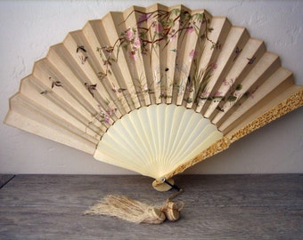 Antique Chinese Bone Folding Fan ~ Embroidered on Both Sides with Different Scenes ~ Detailed Carved Bone ~ Wedding ~ Anniversary