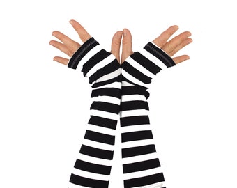 Arm Warmers in Bold Black and White Stripes - Cotton Fingerless Gloves - Sleeves