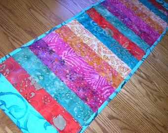 Quilted Table Runner, Batiks Rainbow Stippy Runner, 12 1/2 x 40 1/2 inches