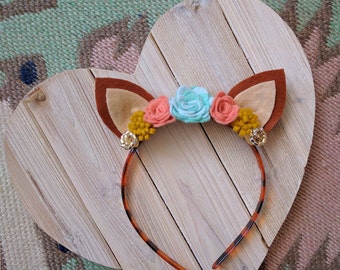 SALE | Deer Ear Headband | Felt Flowers | Photo prop, costume, birthday, accessories