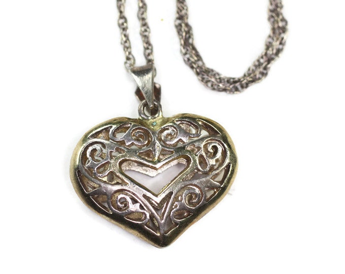 Sterling Filigree Heart Pendant Necklace Vintage