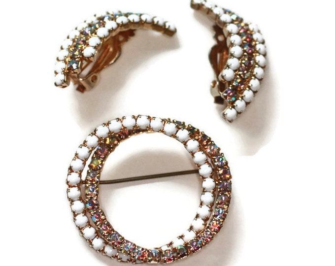 AB Rhinestone Milk Glass Circle Pin Earrings Set Signed Tara Vintage
