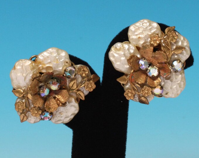 AB Rhinestones Faux Pearl Earrings Floral Accents Vintage