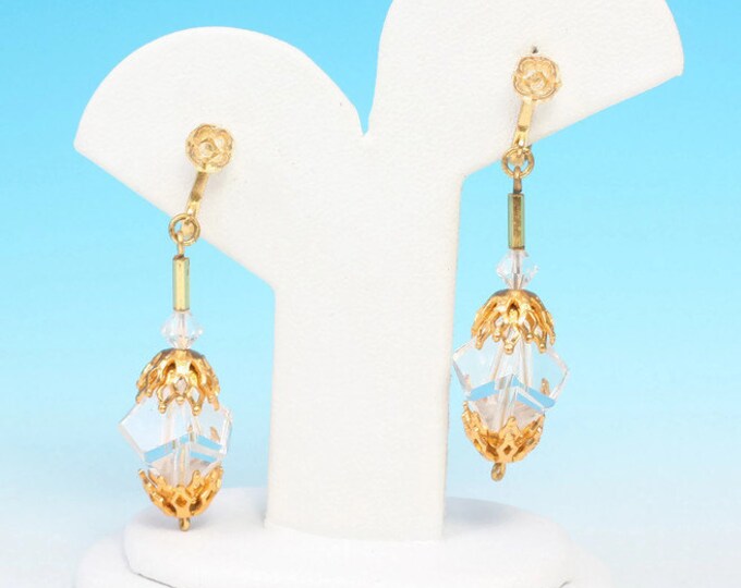 Crystal Bead Earrings Filigree End Caps Dangle Drop Clip Style Earrings
