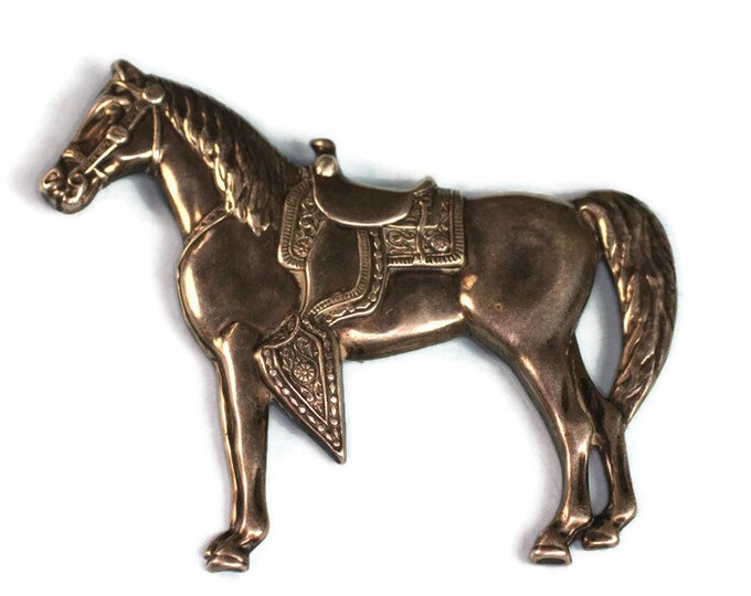 Sterling Western Horse with Saddle Brooch Detailed Repousse Pin Vintage