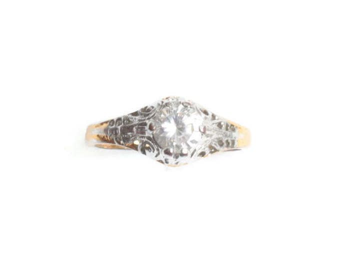 Crystal Faux Diamond Solitaire Ring Silver and Gold Tone Vintage