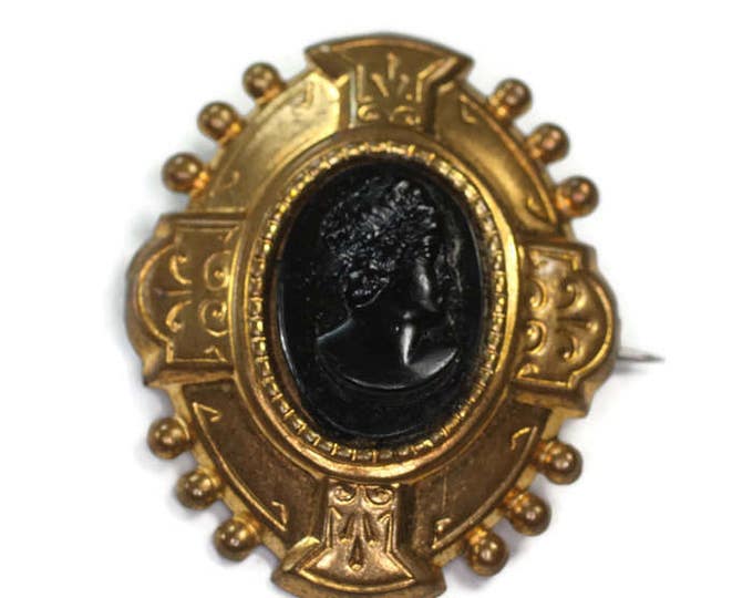 Victorian Black Cameo Brass Setting Etruscan Style Antique Mourning
