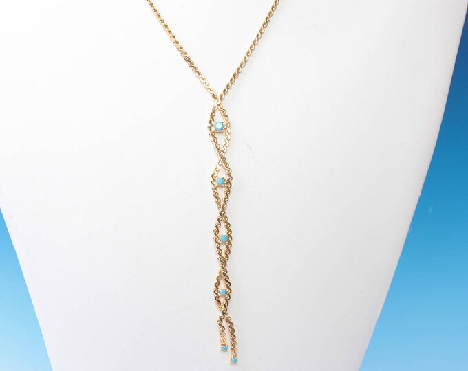 Braided Chain Tassel Necklace Turquoise Bead Gold Vintage