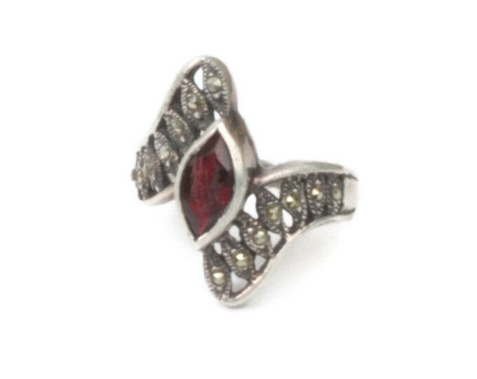 Garnet Ring Marquise Stone Marcasites Sterling Vintage Size 6 1/2