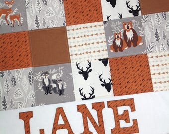 Baby Quilt personalized-Woodland Baby Quilt-Baby Quilt Boy-Baby Quilt Handmade-Deer Baby Quilt-Patchwork Baby Quilt-Rustic Baby Quilt-Baby