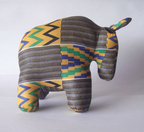 Wildebeest Gnu Kente Wax Fabric From Ghana Blue Yellow Stuffed