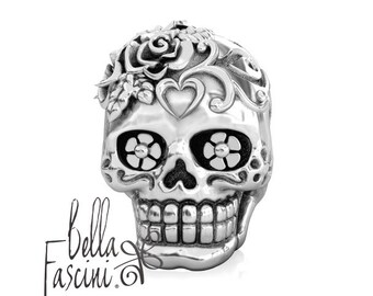 Sugar Skull Dia de los Muertos Bead Charm - Loving Heart - 925 Silver - Fits Pandora and Compatible Brand Bracelets - BELLA FASCINI® F-109