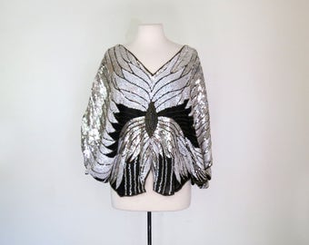 SILVER BUTTERFLY // sequined and beaded batwing disco blouse