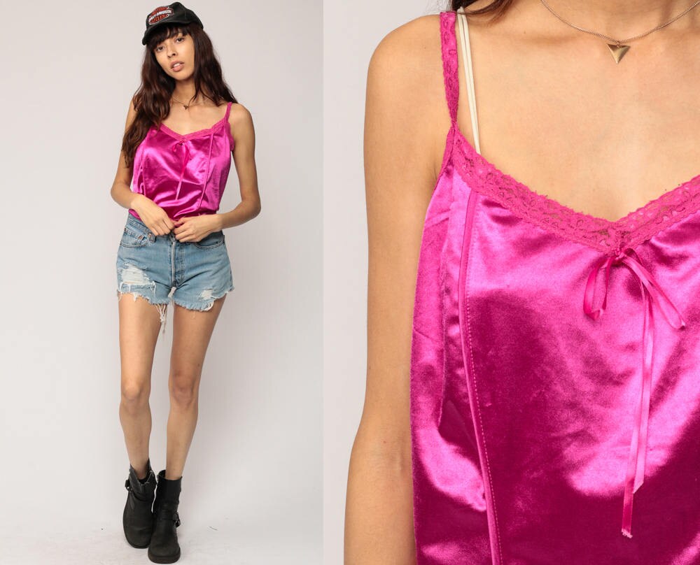 Camisole Lingerie Lace Tank 90s Cami Top Hot Pink Fuchsia