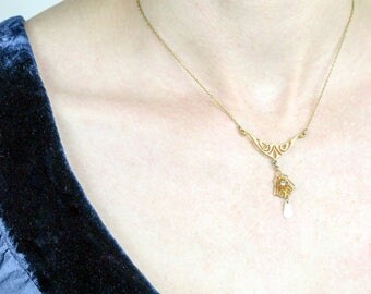 Antique 9k Gold Filigree Pendant Necklace | Antique Lavaliere | Edwardian Necklace
