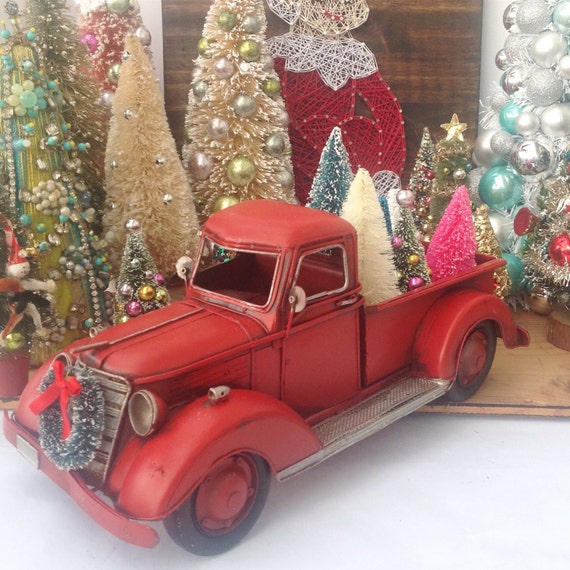 Items similar to Christmas decorated red pickup truck white, cream