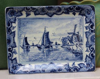 Delft Blue And White Pottery Hanging Wall Plaque Made in Holland Windmill Sailboat VINTAGE by Plantdreaming