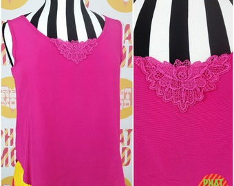 Bright Pink Billowy Lightweight Tank Blouse Top with Crochet Trim!
