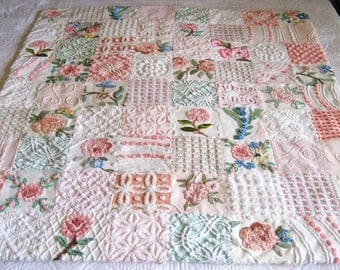 Custom Made - "Pink Roses Bouquet" Vintage Chenille Quilt / Throw - Heirloom quality handmade vintage chenille large throw.