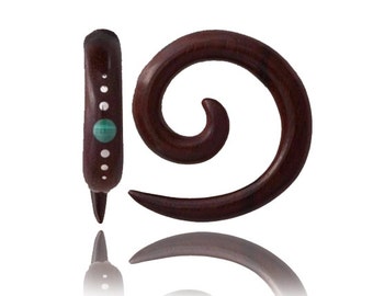 Inlaid deep dark Rosewood Spiral gauged earrings with Malachite Stone, Ear stretcher, Tribu ,Ear expanders,Spiral earrings, Wood earrings