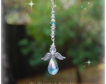 Angel Ornament, Guardian Angel, Rearview Mirror Car Charm, Iridescent Blue Angel Window Decoration, Hanging Angel