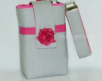 Camera Case Choose Any Fabric in My Shop or Grey Linen & Hot Pink Bodacious with Rosette - Wristlet Optional Shoulder Strap Boxed Bottom
