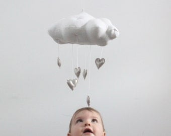 Metallic Heart Cloud Mobile in Gold or Silver - for baby nursery decor in white linen and metallic faux gold leather- Free US Shipping