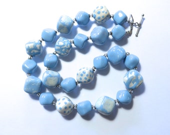 Blue and Cream Beaded Necklace, Statement Necklace, Kazuri Bead Necklace, Fair Trade