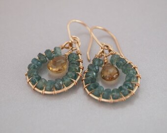 Green Apatite Champagne Quartz Wire-wrapped Gold Filled Earrings, Hoop Earrings