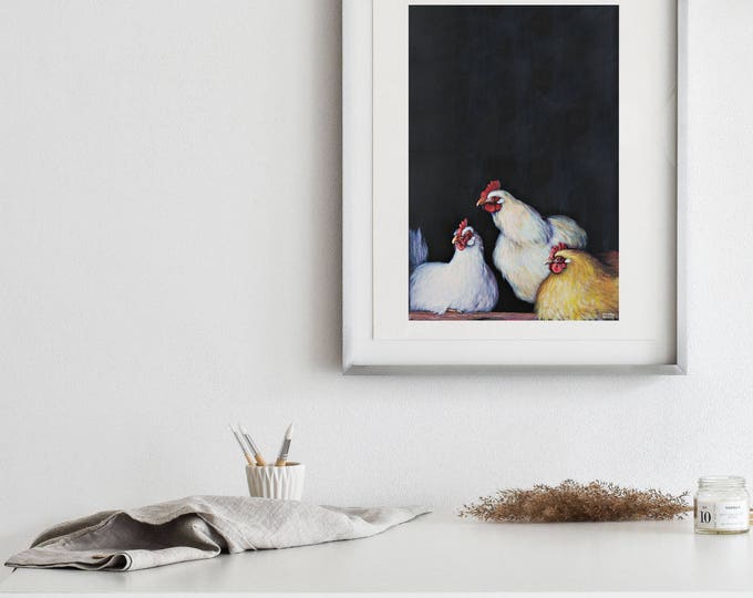 Three Hens Matte Print- Various Sizes | Chicken Art Print, Modern Farmhouse Decor, Chicken Painting, Country Kitchen, Rustic Wedding Decor