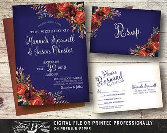 navy floral wedding invitation set rustic fall wedding invitation printed invite printable digital file - Rustic Fall Wedding Invitations navy floral wedding invitation set rustic fall wedding invitation printed invite printable digital file - Rustic Fall Wedding Invitations