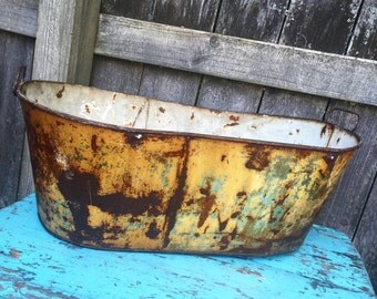 Vintage Tin Basin, Handled Basin, Vintage Wash Basin, Large Tin Tub, Vintage Tub