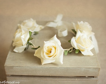 Baby Headband, Baby Crown, Ivory Cream Rose Flower Crown, Baby Crown, Baby Halo,, Eco Newborn Headband, Newborn Props, Natural Props