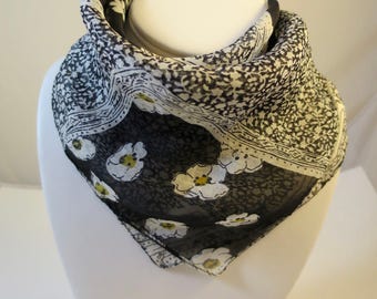 Vintage Sheer Silk Scarf Black White Patchwork w/ Daisies 100% Silk Chiffon 16 inches Square Made in Italy Head Neck Scarf Black White