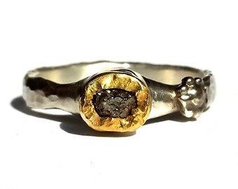 Rough Diamond Ring - 24k Solid Gold and Silver Ring - Rustic Diamond Ring - Raw Diamond Ring - Stackable Diamond Ring - Diamond flower Ring.