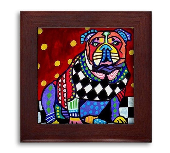 Bulldog Lovers gift Dog Mexican Folk Art Ceramic Framed Tile