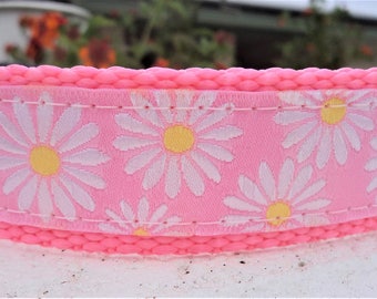 Pink Daisy Dog Collar, 3/4" or 1" Quick Release adjustable - No martingale collars limited, incl dogs neck measurement