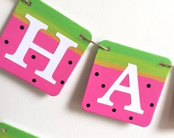 WATERMELON HAPPY BIRTHDAY banner, summer birthday, pink and green, watermelon decoration, pool party banner, pool birthday banner