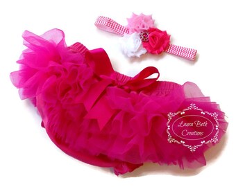 Hot Pink Tutu Bloomer and Shabby Chic Mini Triple Rose Headband, All Around Bloomer Skirt, Chiffon Ruffle Bloomer Tutu, Baby Photo Prop Set