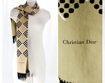 60s Christian Dior Scarf - Mod 1960s Camel Tan & Black Wool with Fringe - Rectangular Coat Scarf - Fall Winter - Made in Italy - 48409